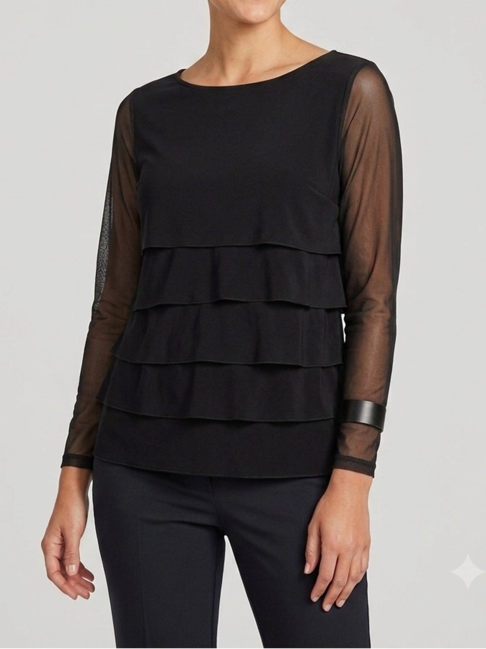Tribal Black Long Sleeve Sheer Tiered Ruffle Knit Top